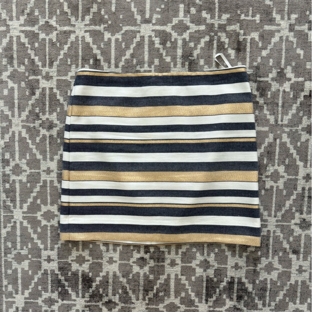 J.Crew Chambray Metallic Gold cream Off White Denim Striped Mini Skirt Lined 4